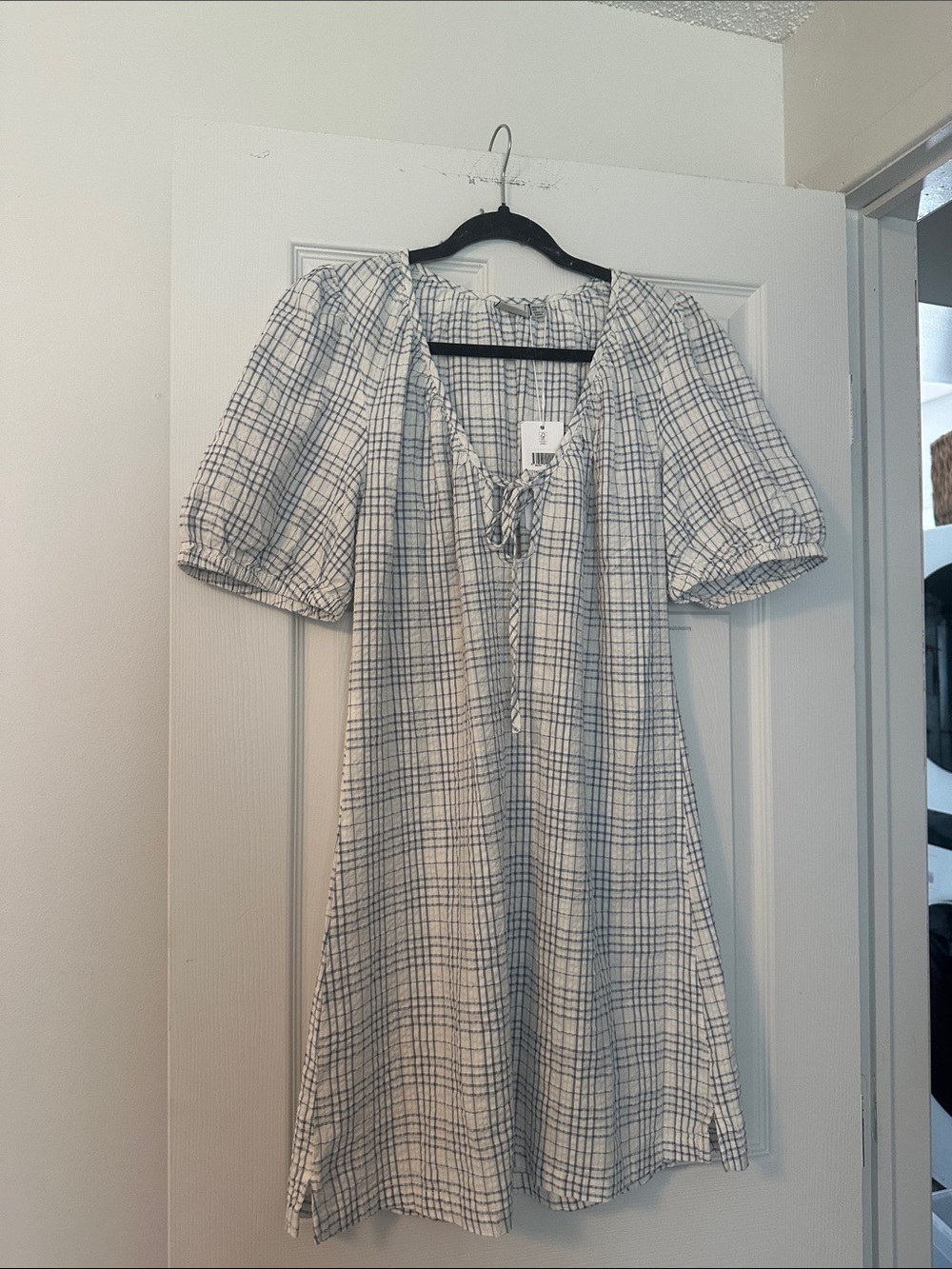 Rhythm White and Navy Plaid Puff-Sleeve Mini Dress